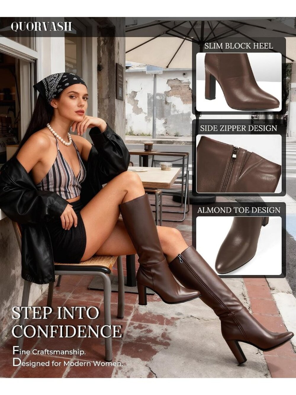 Women Brown Faux Leather Long Elastic Tall Mid Block Pointed Heel - Picture 4 of 5